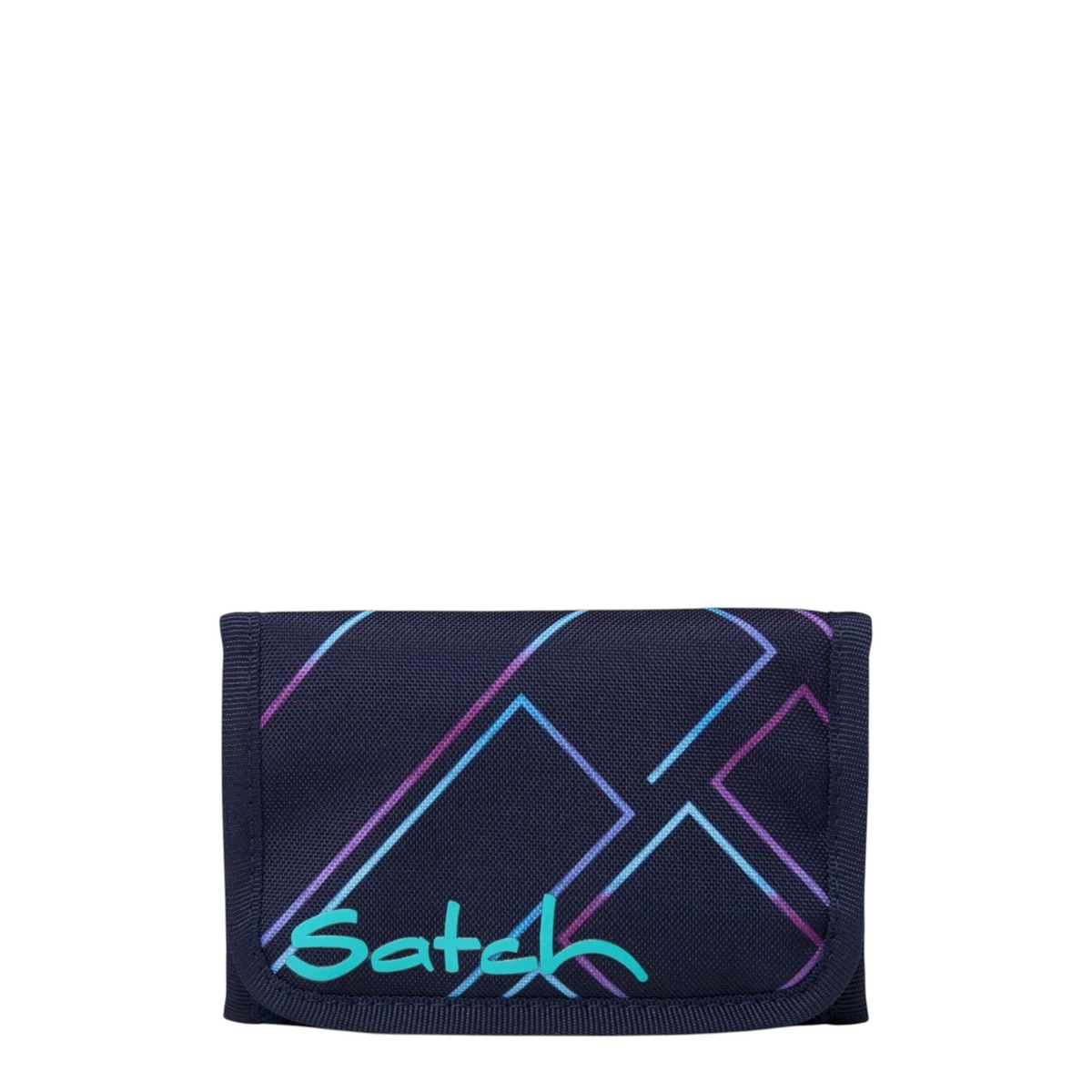 Lieblingstasche Satch wallet in dark blue with purple and blue geometric neon lines and turquoise logo branding