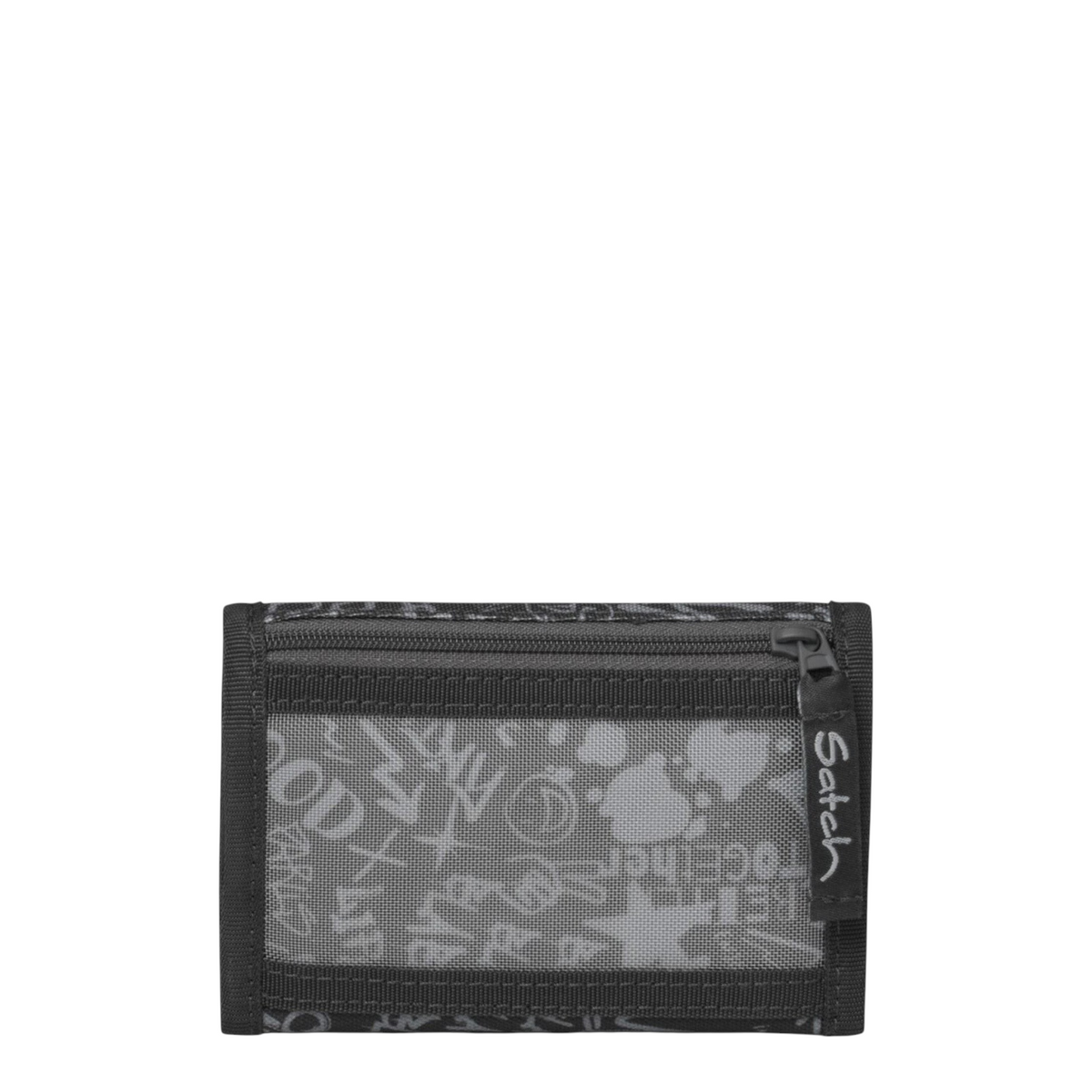 Lieblingstasche Satch wallet in black with a graffiti pattern, featuring a transparent mesh window and zip pocket.