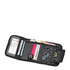 Lieblingstasche wallet with black patterned fabric, card slots, transparent ID window, and coin compartment