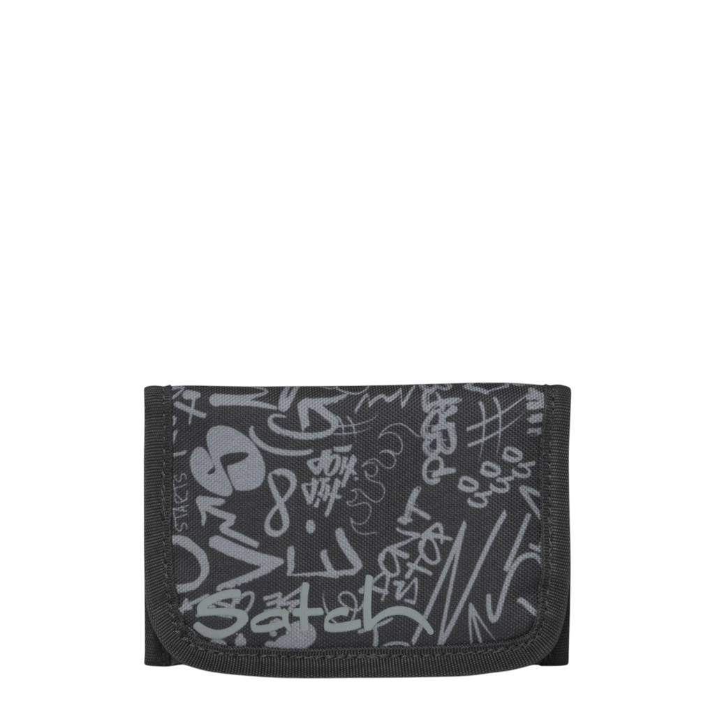 Lieblingstasche wallet in black with grey graffiti print, featuring multiple compartments and a transparent window.