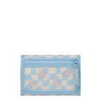 Lieblingstasche wallet in light blue and white checkered pattern with purple flower print and zippered coin pocket
