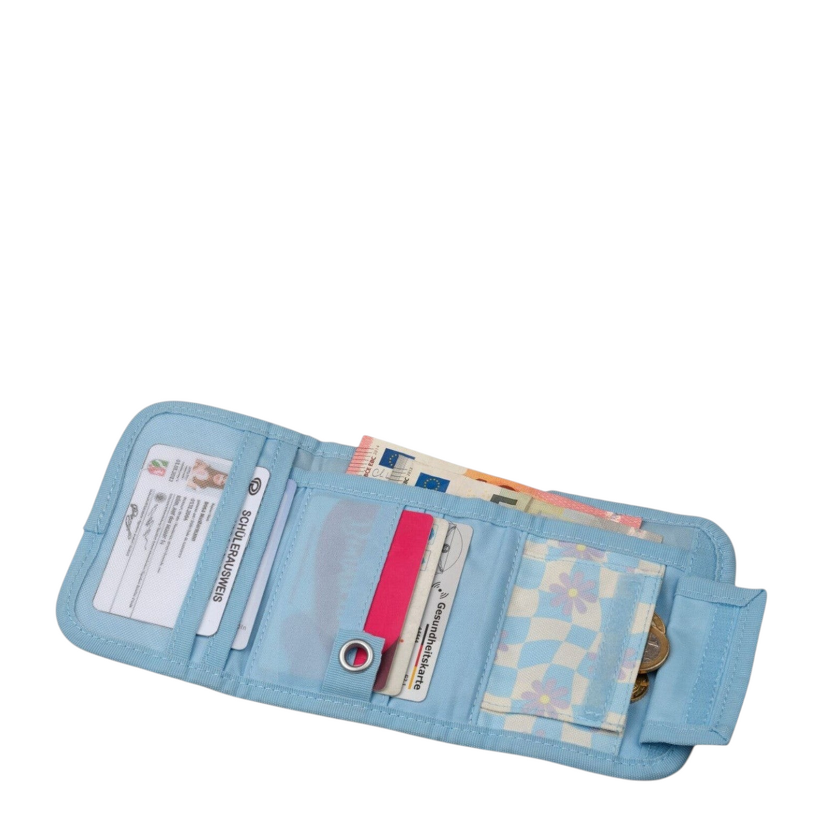 Lieblingstasche light blue fabric wallet with transparent ID window, card slots, and coin pocket