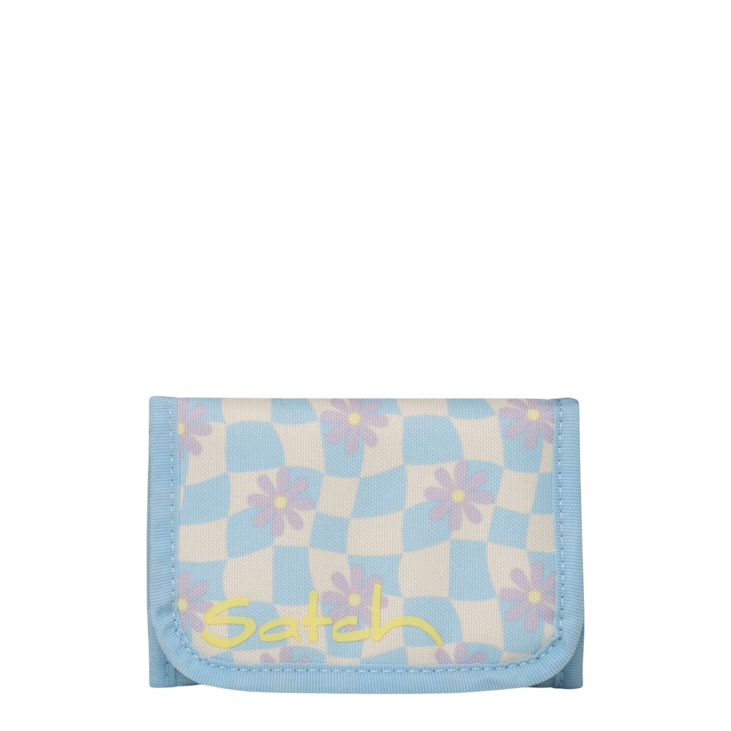 Lieblingstasche Satch wallet in light blue and cream checkered pattern with purple flower print