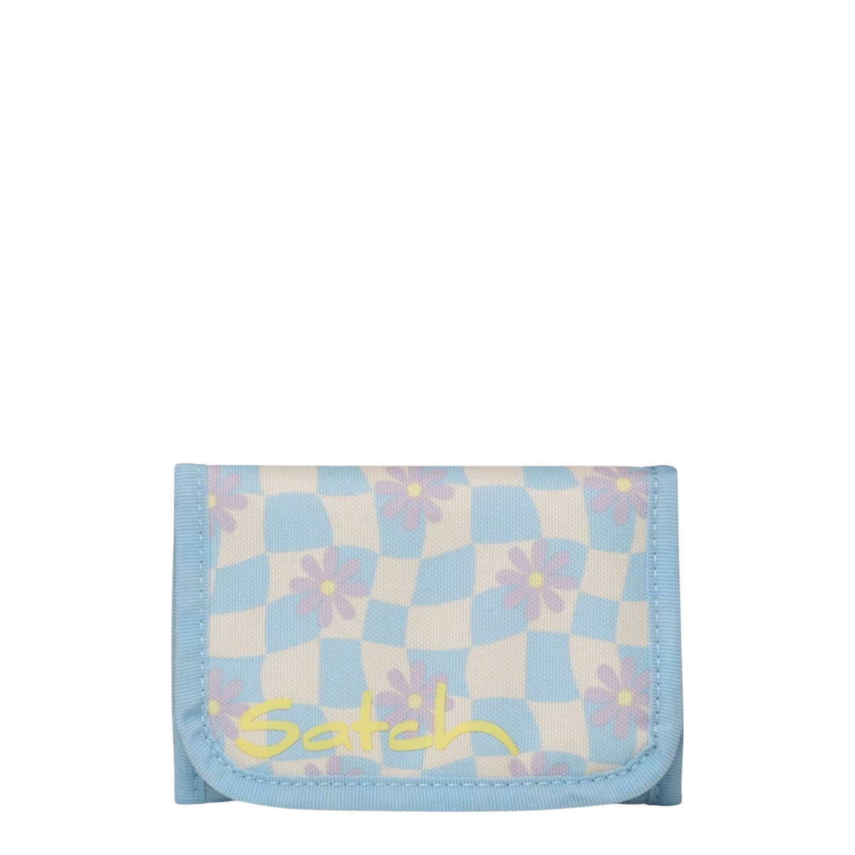 Lieblingstasche Satch wallet in light blue and cream checkered pattern with purple flower print