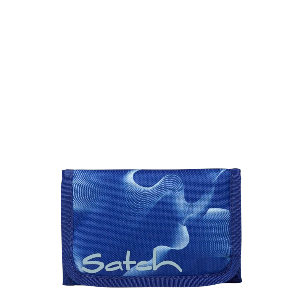 Lieblingstasche Satch blue wallet with abstract white wave pattern, featuring coin and bill compartments.