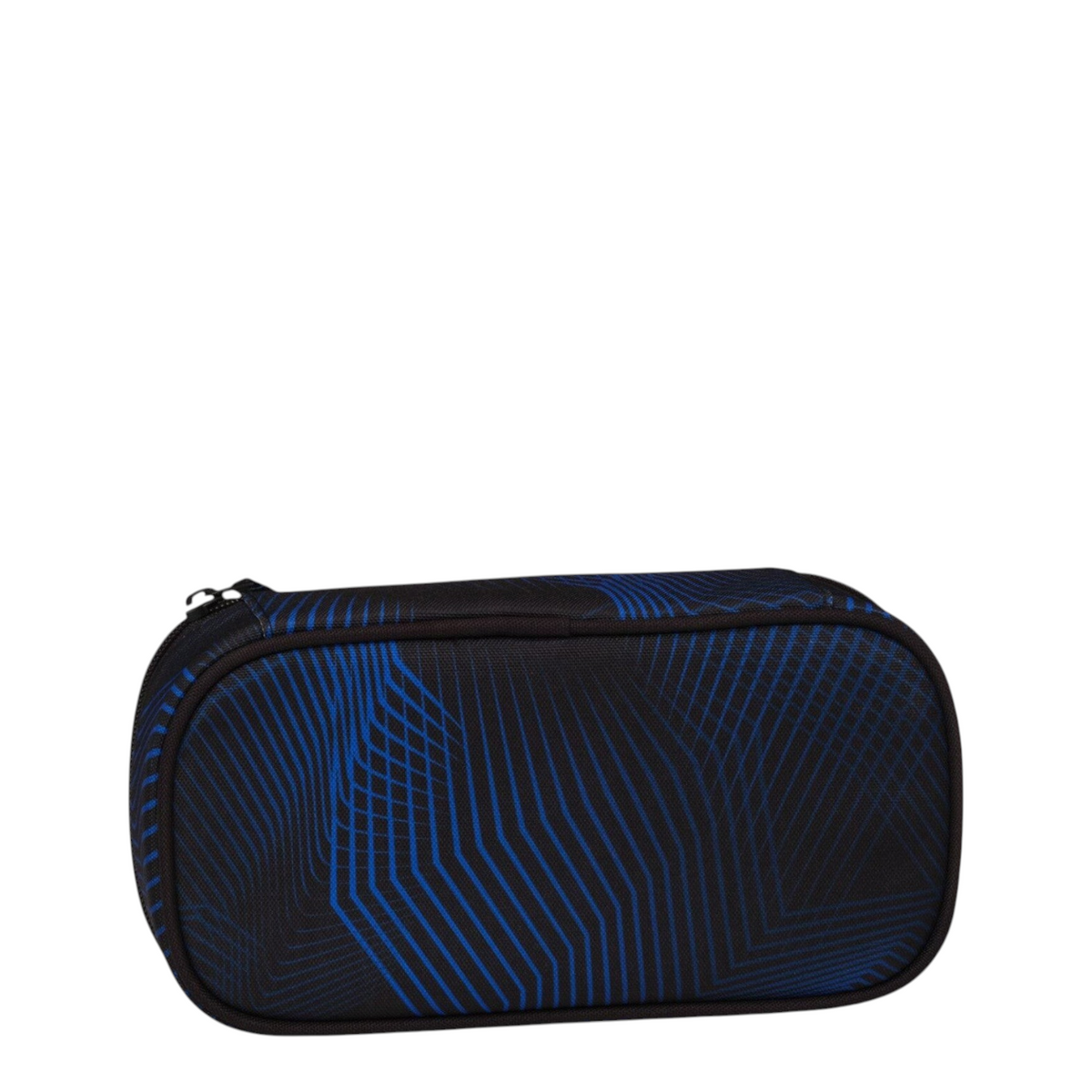 Lieblingstasche Satch pencil case in black and blue with geometric pattern made from recycled PET material