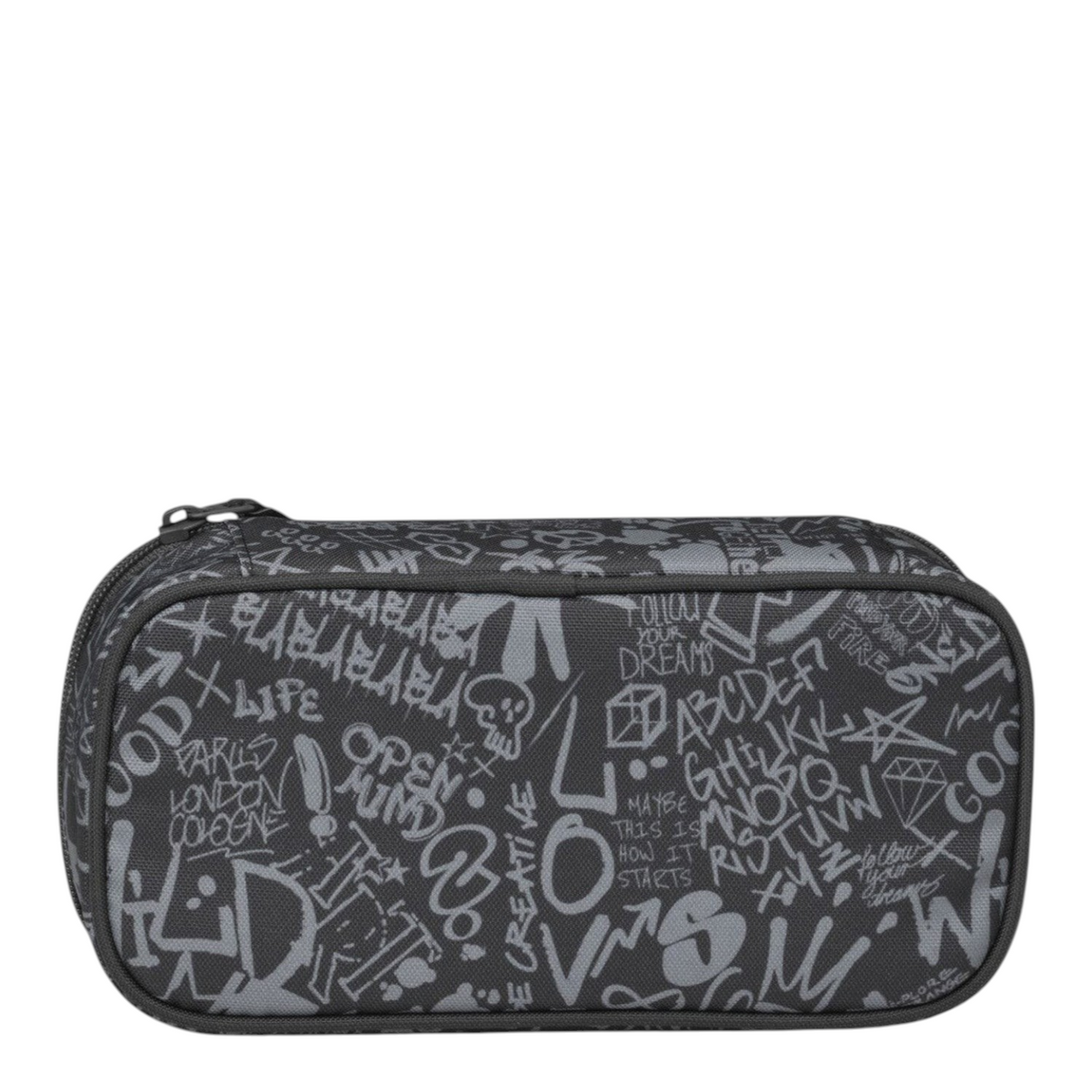 Lieblingstasche Satch pencil case in grey with white graffiti print made from recycled materials