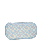 Lieblingstasche Satch pencil case in blue and white checkered pattern with purple flower print made from recycled PET