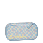 Lieblingstasche Satch pencil case in light blue and white checkerboard pattern with purple daisy flower print