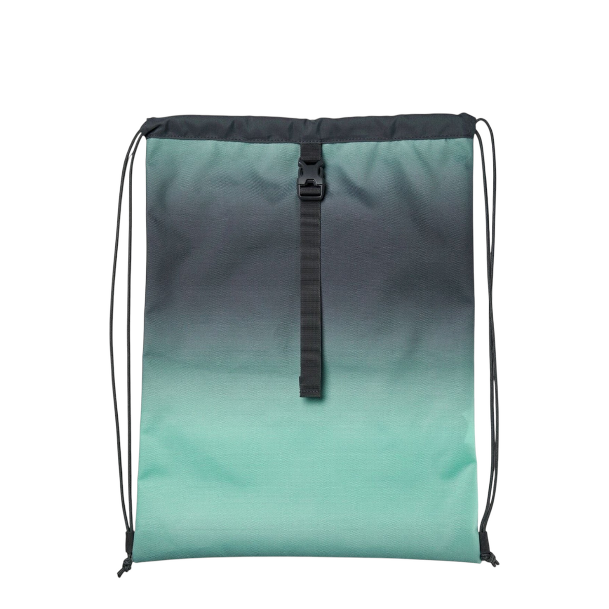 Lieblingstasche Satch drawstring sports bag in a green and grey gradient design with a black buckle strap.