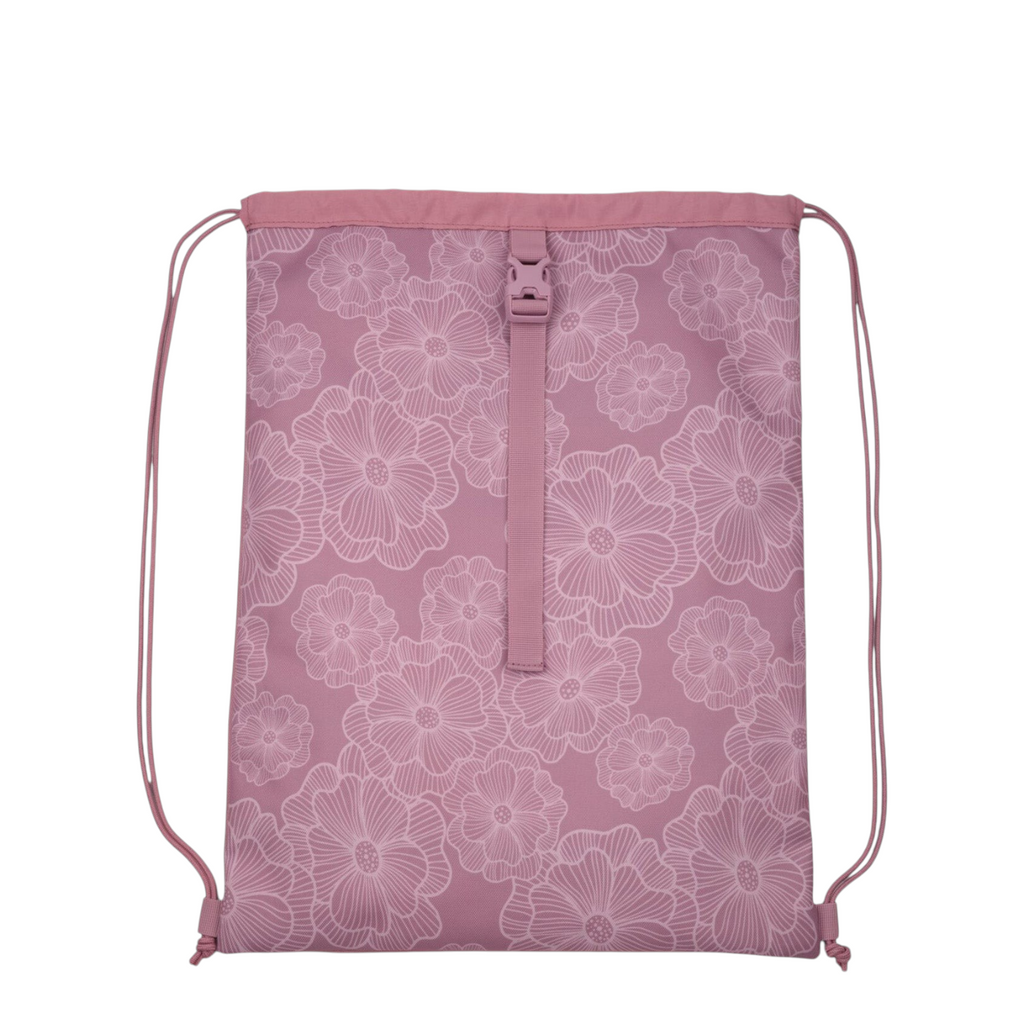 Lieblingstasche Satch drawstring sports bag in dusty pink with a white floral line art pattern and buckle strap.