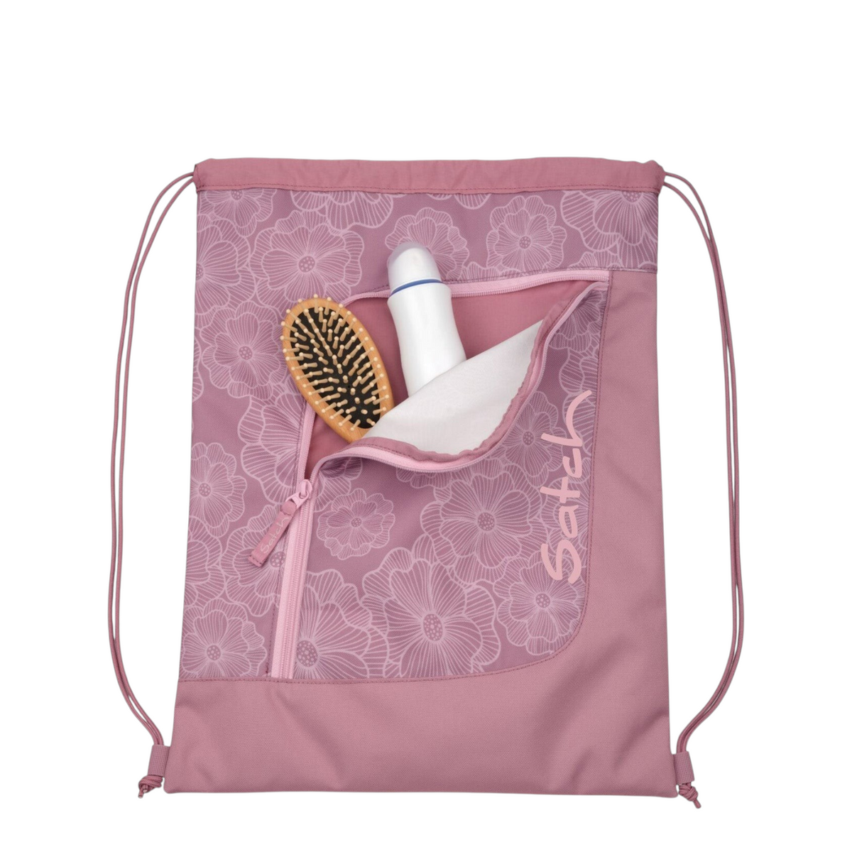 Lieblingstasche Satch drawstring sports bag in dusty pink with a floral pattern and a front zippered pocket.