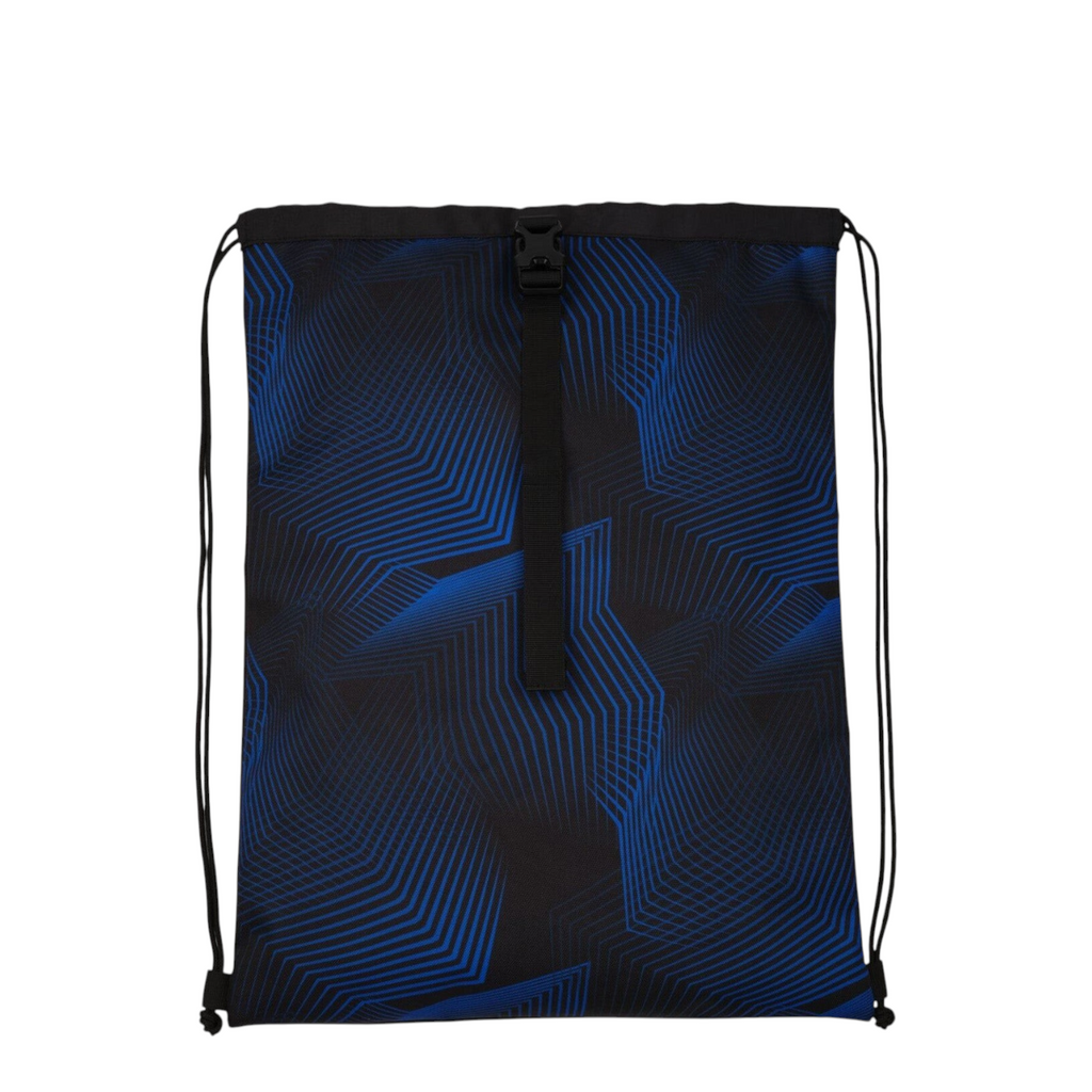 Lieblingstasche Satch drawstring sports bag in black and blue with a geometric line pattern and buckle closure