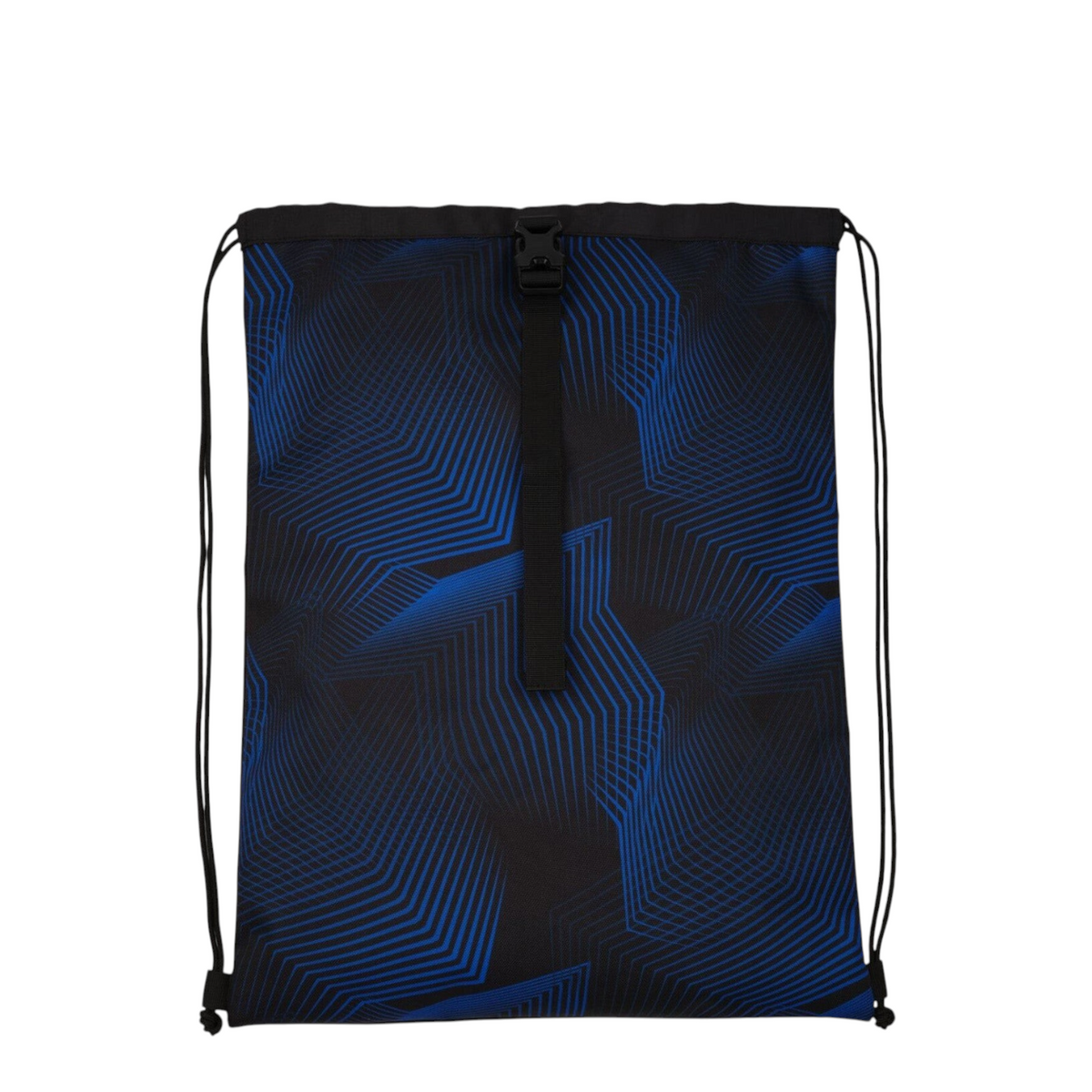 Lieblingstasche Satch drawstring sports bag in black and blue with a geometric line pattern and buckle closure