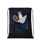 Lieblingstasche Satch drawstring sports bag in black and blue with geometric pattern and front zipper pocket