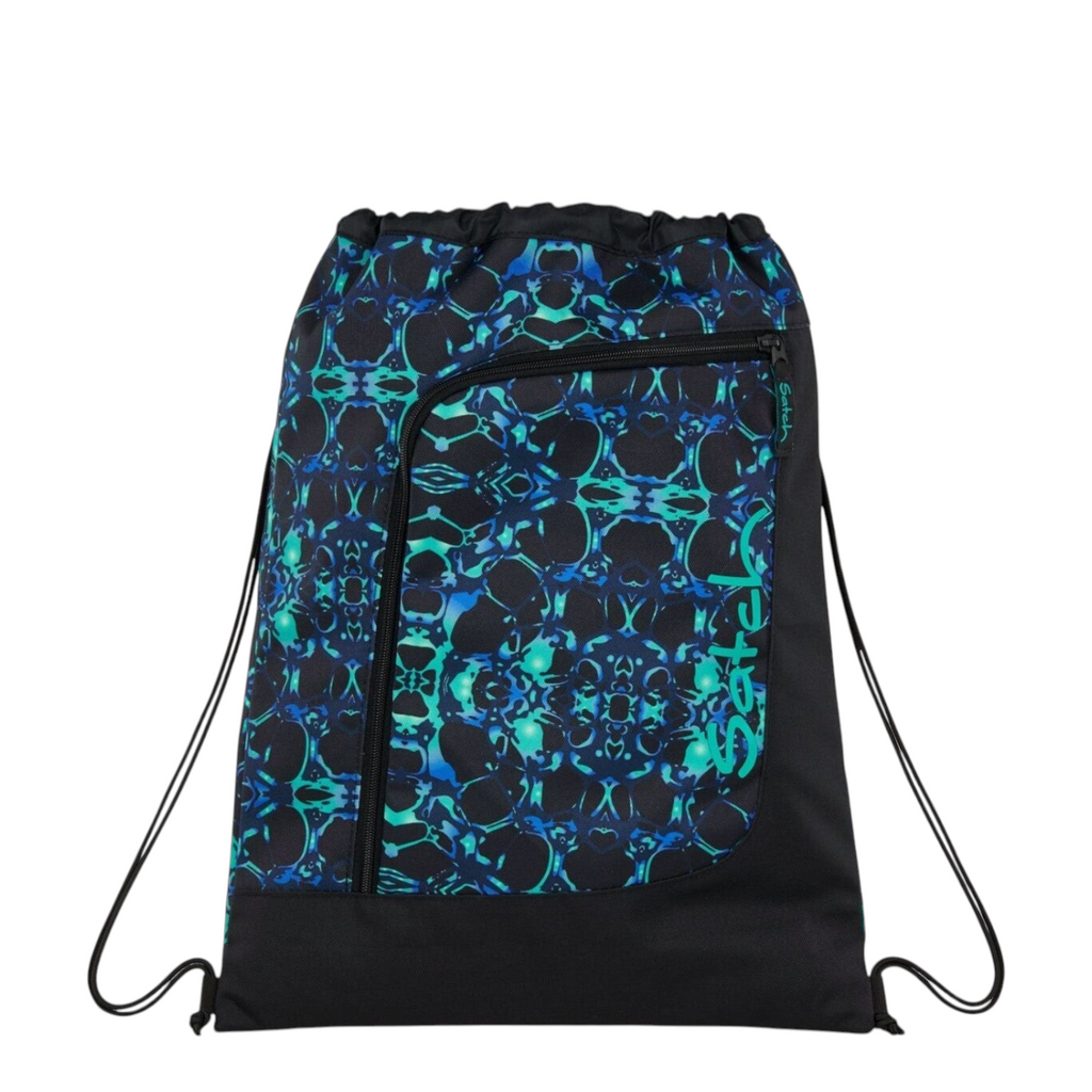 Lieblingstasche Satch drawstring sports bag in black with a blue and green geometric pattern and front zip pocket.
