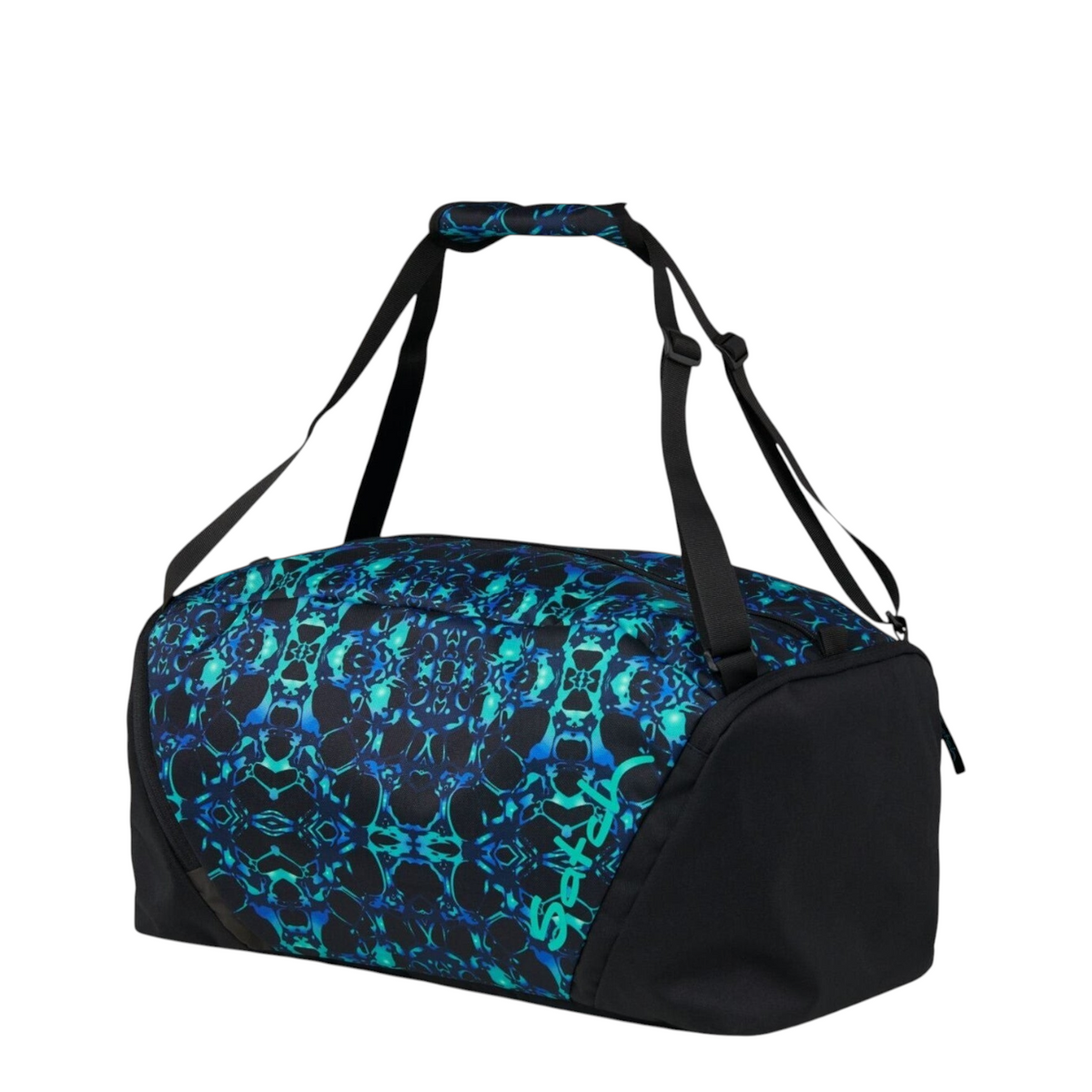 Lieblingstasche satch sports bag in black and blue with a patterned design, featuring adjustable straps and handles.