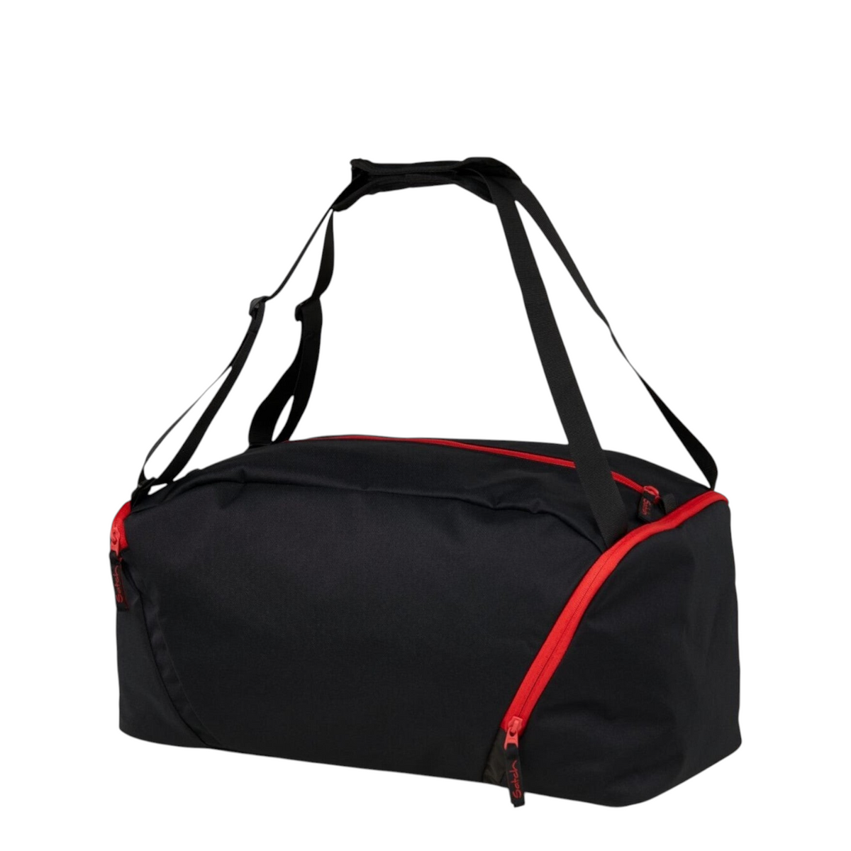 Lieblingstasche satch black sports bag with red zipper details, featuring versatile straps for multiple carry styles.