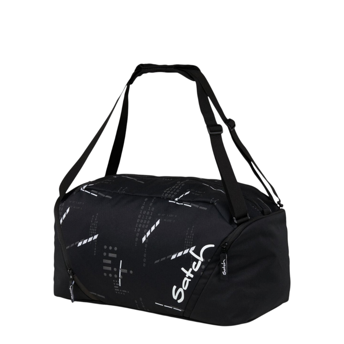 Lieblingstasche satch black sports bag with reflective digital pattern, adjustable straps, and side shoe compartment.