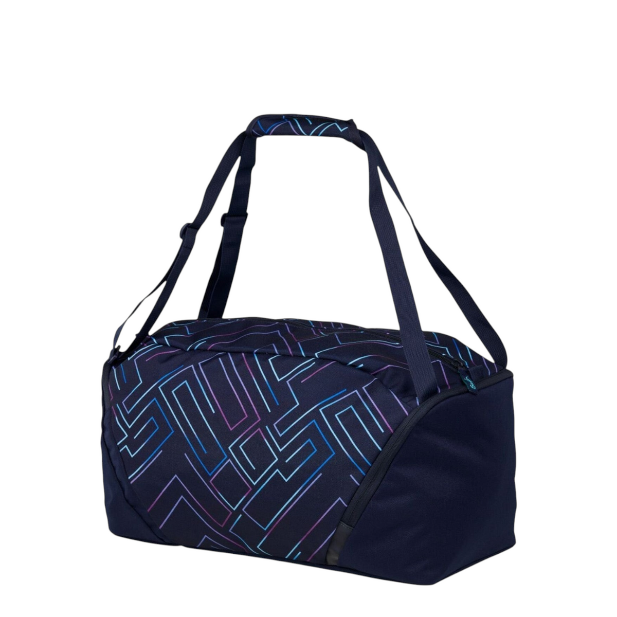 Lieblingstasche satch sports bag in dark blue with a neon geometric pattern, featuring shoulder straps and side pocket.