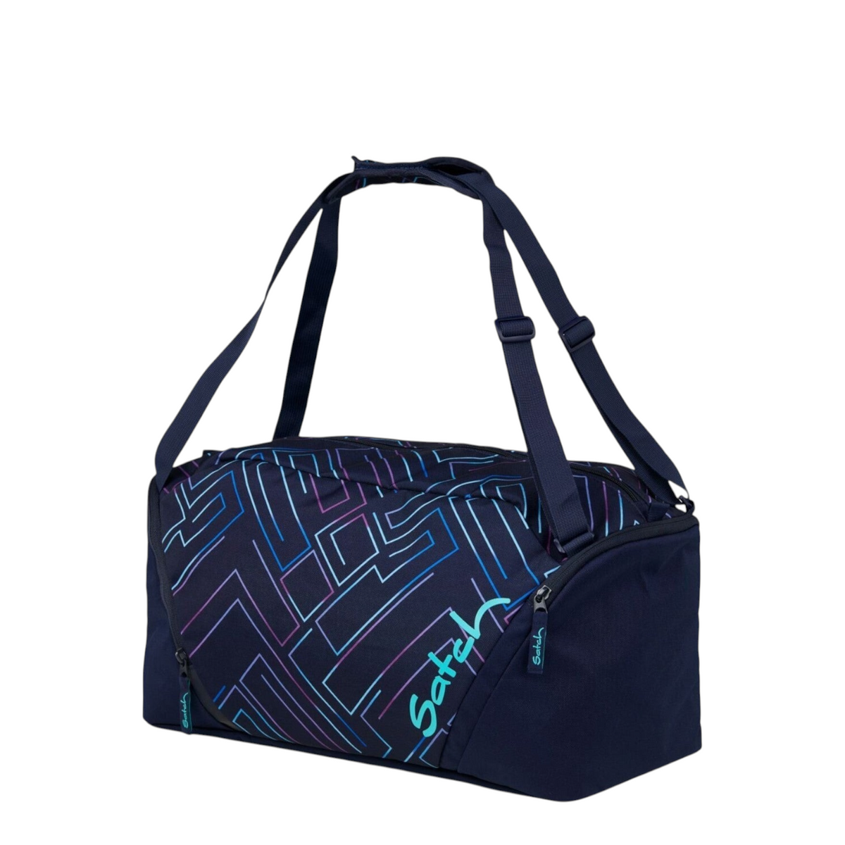 Lieblingstasche satch sports bag in dark blue with neon geometric pattern, featuring adjustable straps and shoe pocket