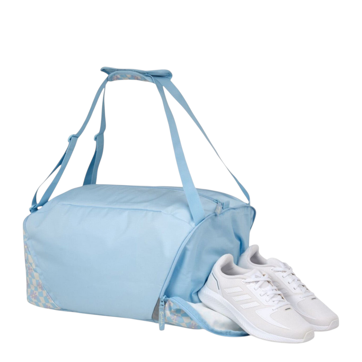 Lieblingstasche satch light blue sports bag with a separate shoe compartment and white sneakers on a white background