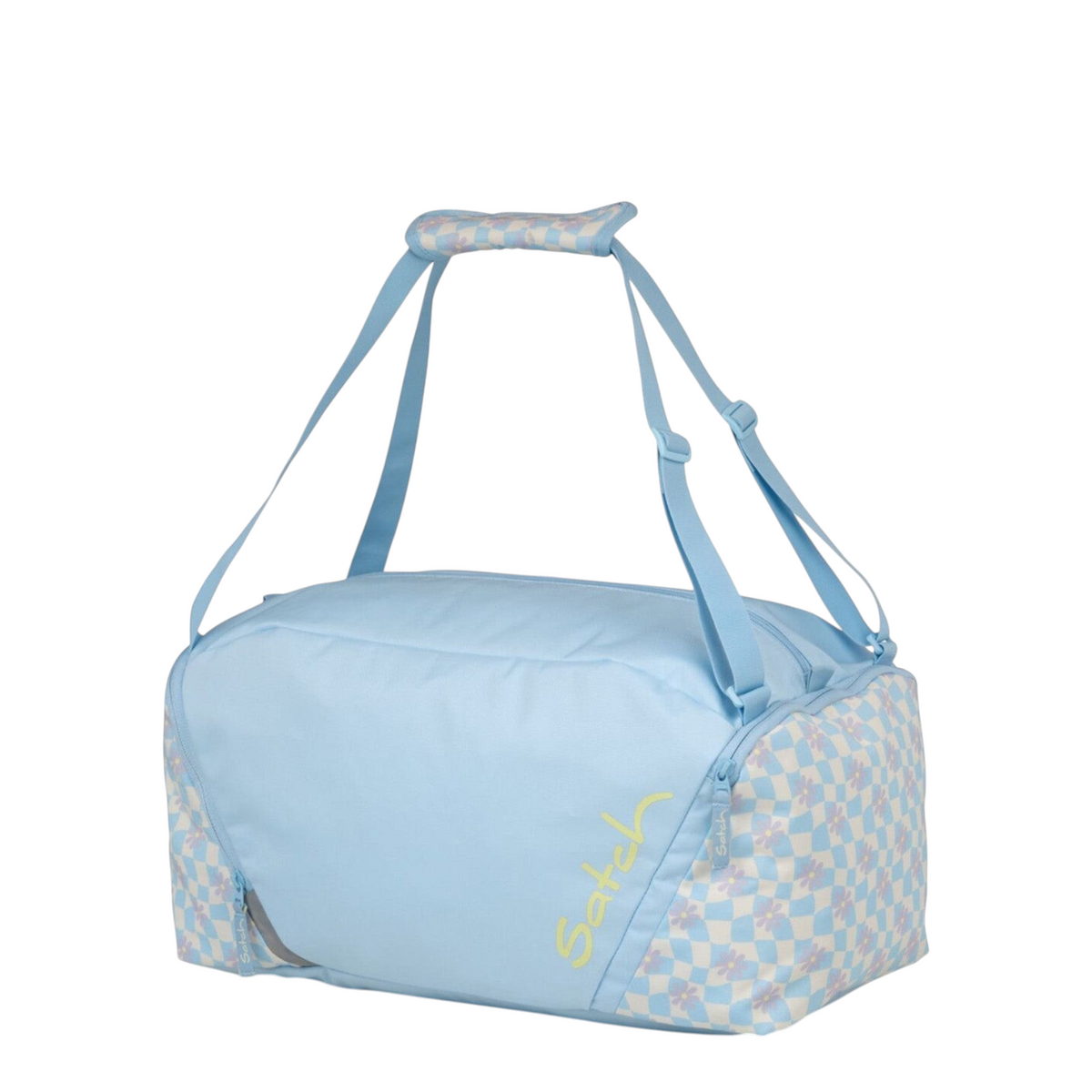 Lieblingstasche satch sports bag in light blue with a checkered floral pattern, featuring versatile carry straps.