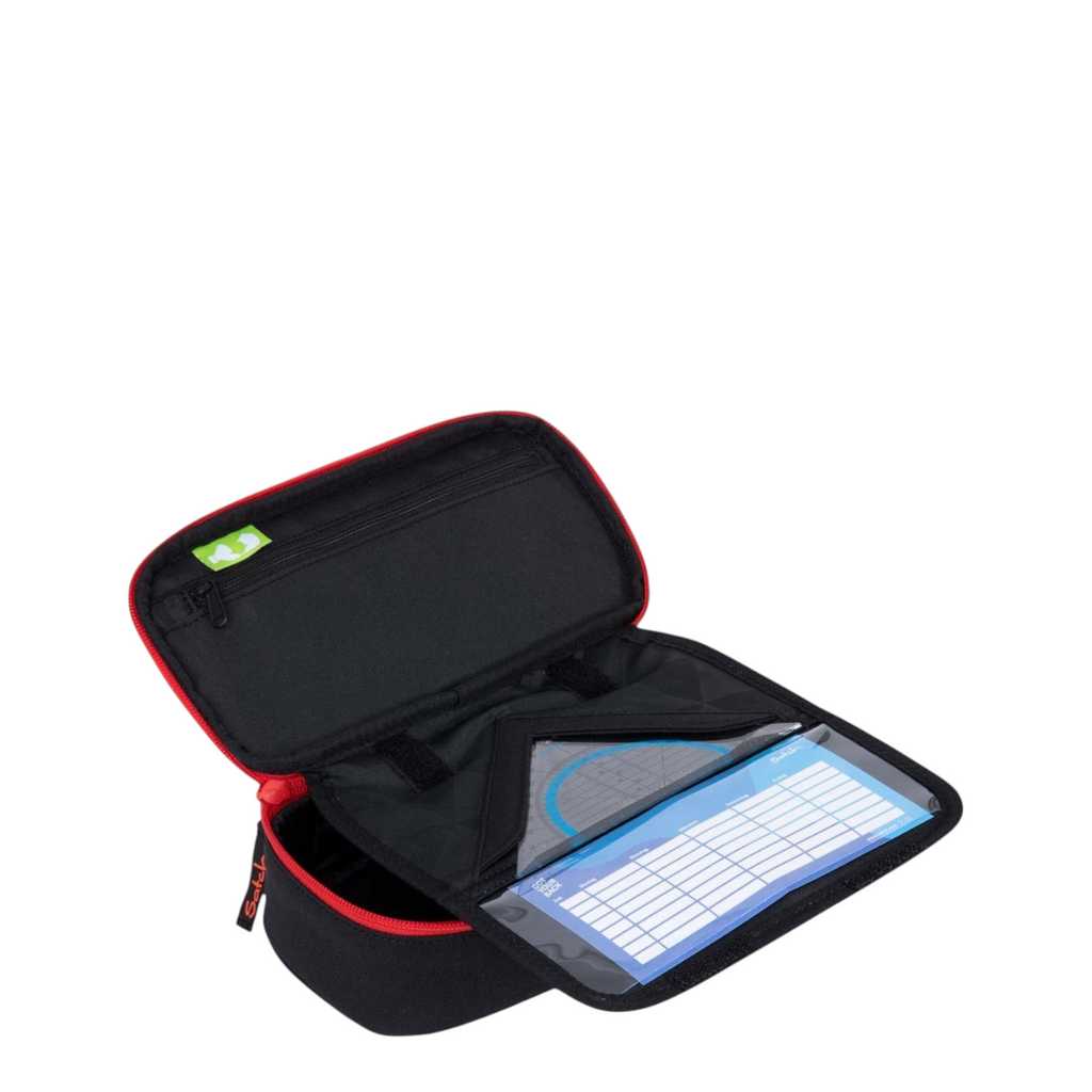 Lieblingstasche Satch pencil case in black with red zipper, featuring internal organizer and transparent pocket.