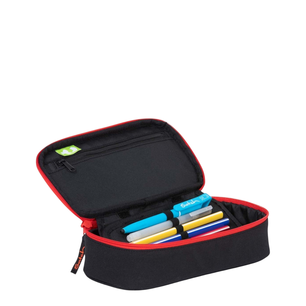 Lieblingstasche Satch pencil case in black with red zipper, featuring internal pen loops and storage compartments.