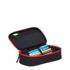 Lieblingstasche Satch pencil case in black with red zipper, featuring internal pen loops and storage compartments.